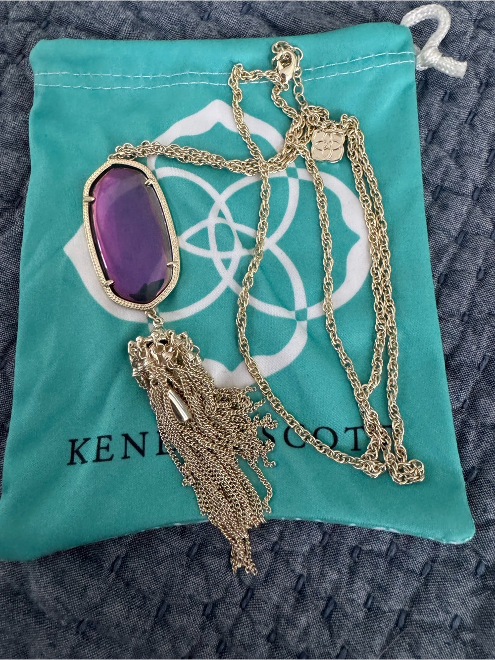 Kendra Scott Gold Rayne Necklace with Purple and Blue Iridescent Stone & Tassel
